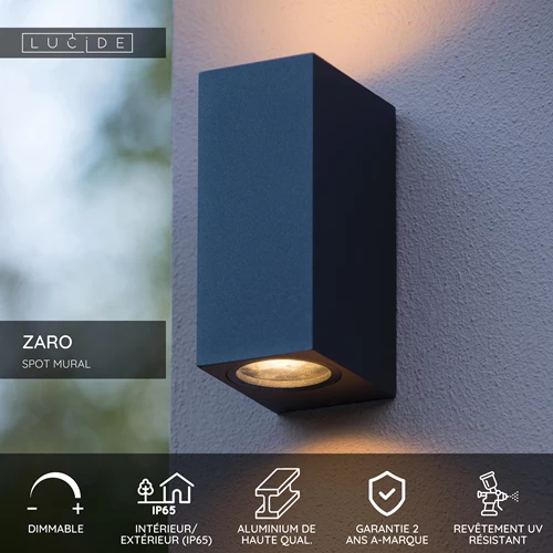 Lucide ZARO - Spot mural / Applique mural Intérieur/Extérieur - 2xGU10 - IP65 - Noir - USP